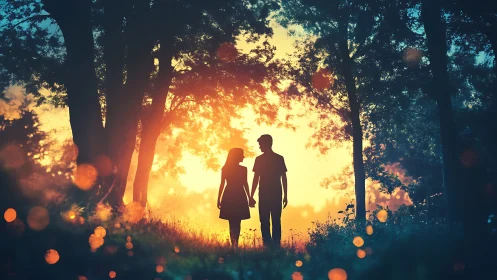 Two figures silhouetted in forest clearing at golden sunset.