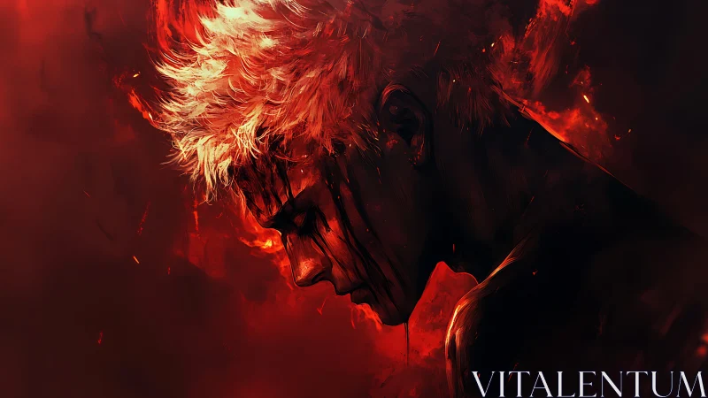 Brooding flame crowned warrior wrapped in molten red light.