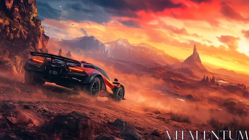 Sports car on dusty mountain track under vivid sunset sky.