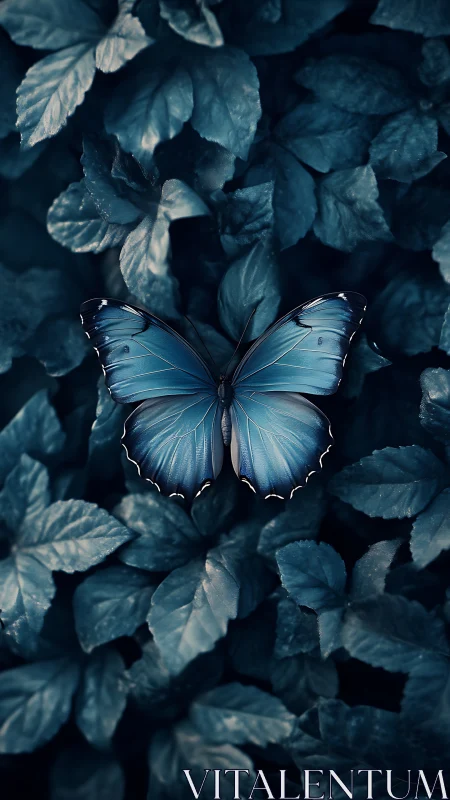 Midnight blue butterfly resting on moonlit garden leaves.