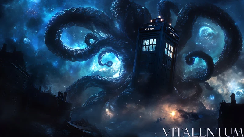 Blue police box seized by giant cosmic tentacled monster.