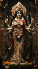 Photorealistic multi-armed goddess idol in ornate temple shrine.