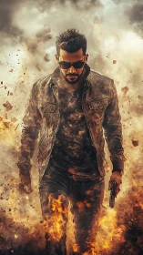 Lone fire-walker strides through explosive inferno haze.