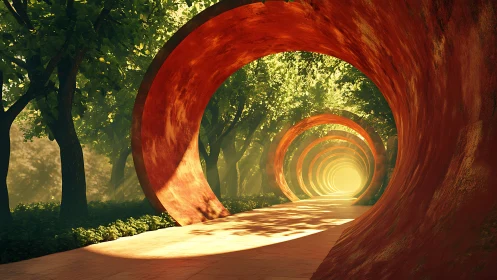Sunlit forest tunnel of glowing orange rings inviting wonder.
