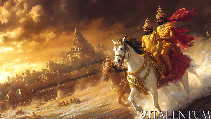 Mythic river crossing in golden temple city digital painting.