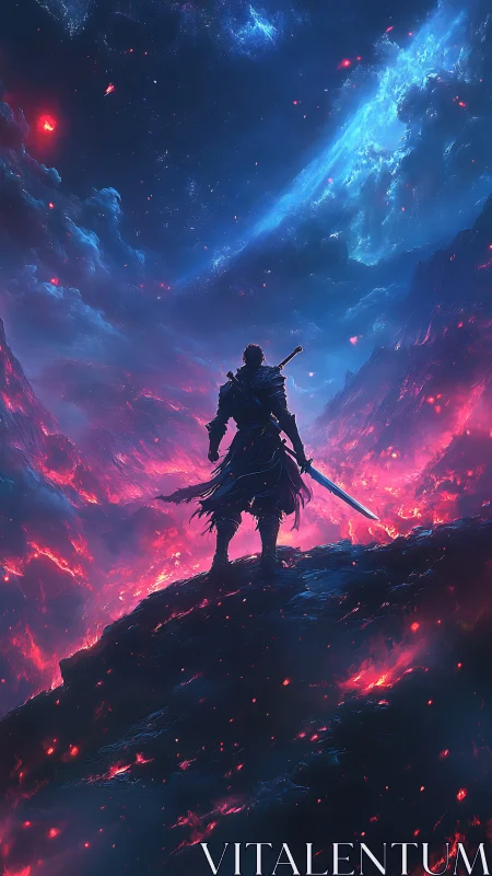 Sword-bearing wanderer over bioluminescent lava valley.