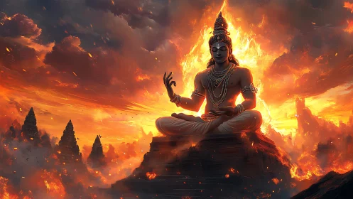 Fiery cosmic yogi crowned in blazing storm of dawnfire.