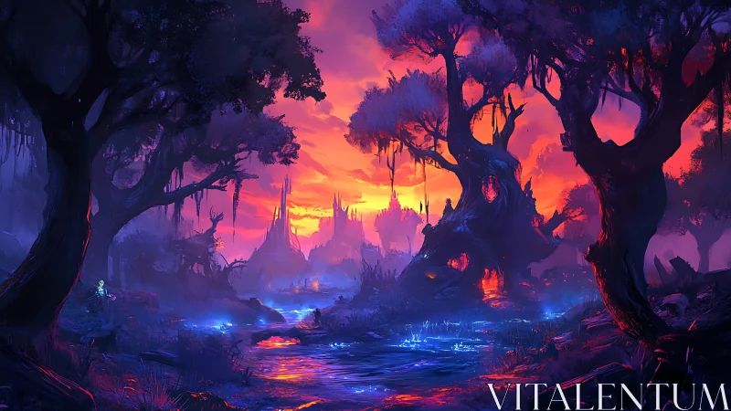 Neon-Lit Mystical Forest at Dusk: Digital Fantasy Landscape.