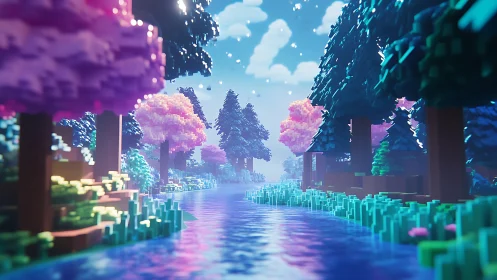 Neon Landscape with Pixelated Water and Floating Terrain