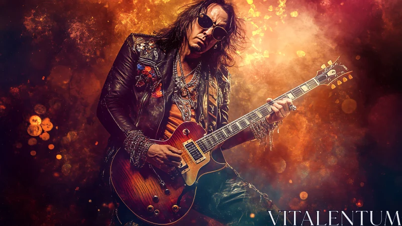 Photorealistic rock guitarist in dramatic bokeh flame haze.