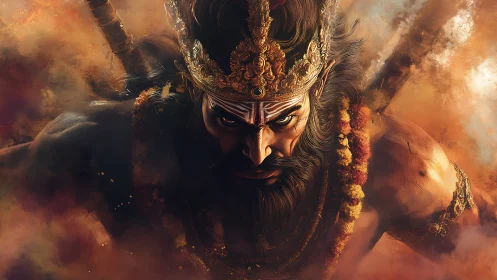 Blazing warrior demigod emerges from storm of sacred fire.