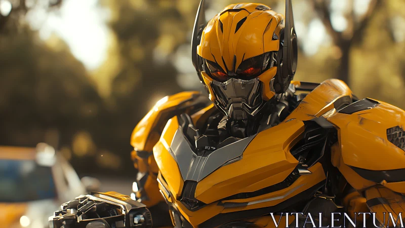 Armored yellow combat robot stands in warm urban sunlight.