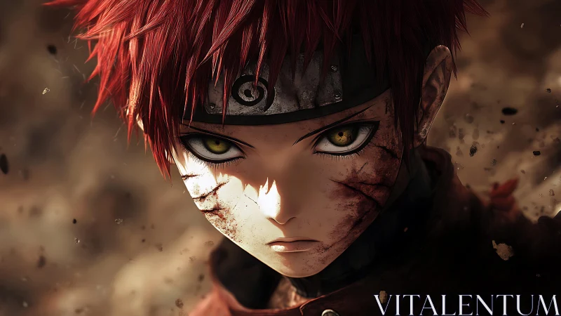 Battle-scarred ninja glare burning through swirling dust storm.