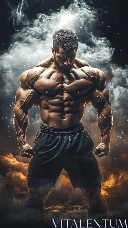 Bodybuilder stands in smoke with dramatic lighting focus.