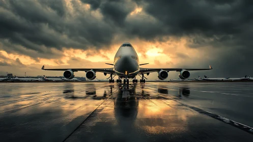 Large passenger jet on wet runway at dramatic sunset sky