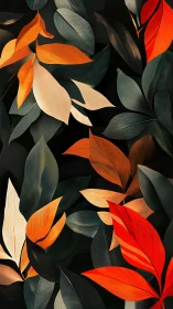 Stylized orange and red foliage on dark contrasting ground.