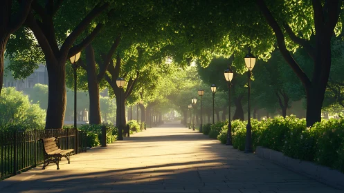 Sunlit park promenade stretches into a tranquil green hush