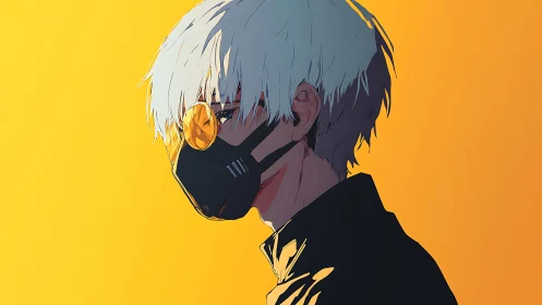 Masked anime profile renders stark contrast against warm gradient
