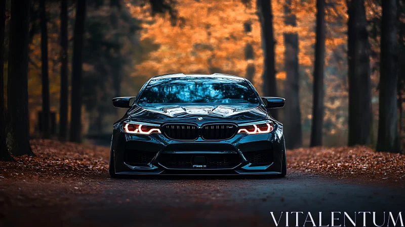 Midnight blue sports sedan framed by glowing autumn forest.