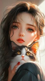 Soft light anime portrait of girl holding alert kitten.
