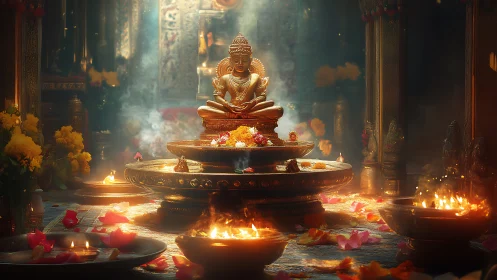 Golden deity sculpture centered amid ritual fire altars and petals