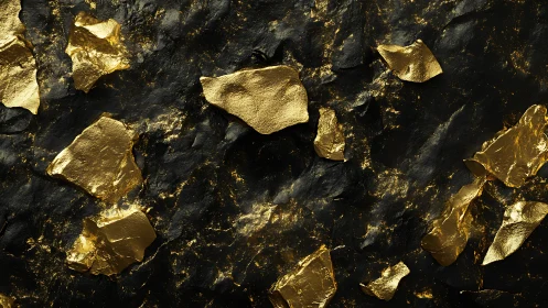 Gold rock fragments shimmer across deep black stone surface