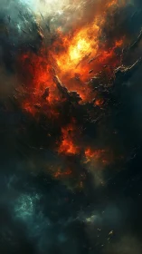 Celestial firestorm erupts within a dark cosmic nebula.