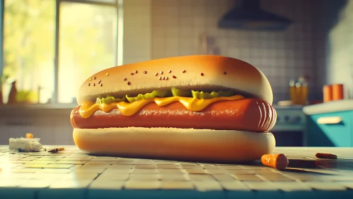 Studio-lit hot dog on tiled counter with shallow depth of field