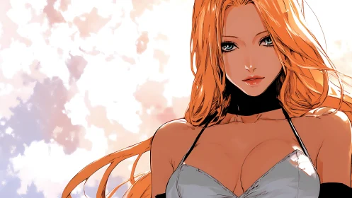 Fiery haired anime heroine gazes forward in soft light.