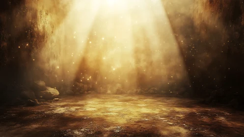 Golden light floods a mystical cavern floor in hazy silence