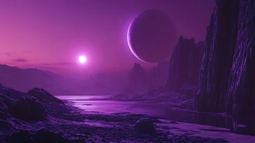 Alien violet canyon under twin moons and frozen river.