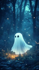 Moonlit baby ghost drifts softly above a firefly meadow
