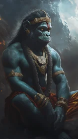 Mythic blue simian deity in ornate gold regalia, storm cliff