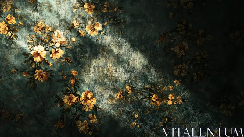 Soft morning light gently warms vintage floral wallpaper