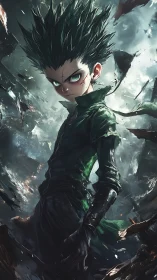 Dynamic anime portrait with turbulent post-apocalyptic framing.