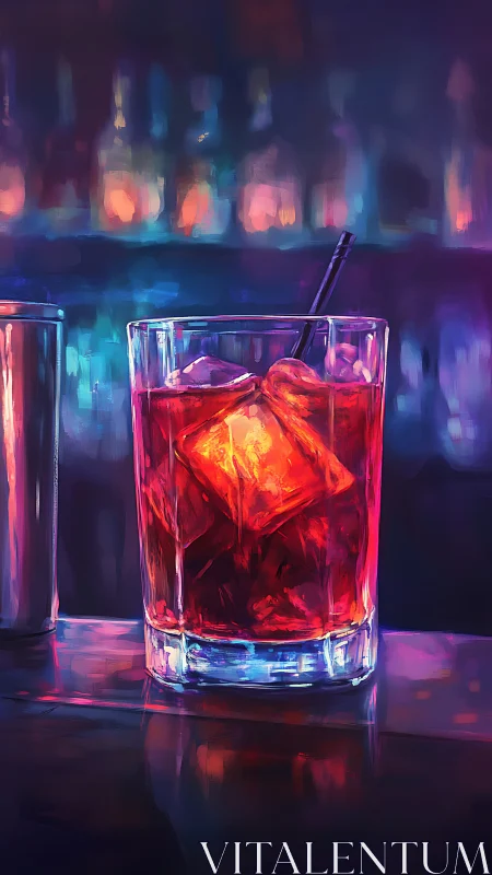 Neon-Lit Cocktail with Ice: Digital Rendering of Luminescent Red Beverage