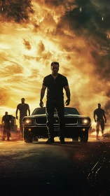 Street warriors stride from muscle car under burning sky