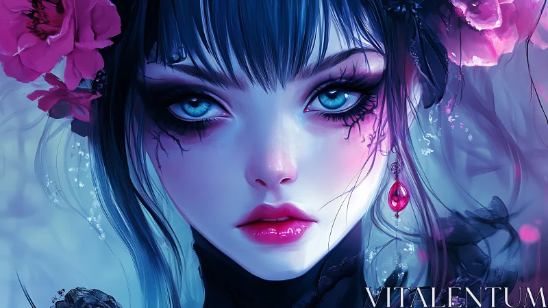 Blue-eyed gothic girl gazes forward under vivid pink flowers