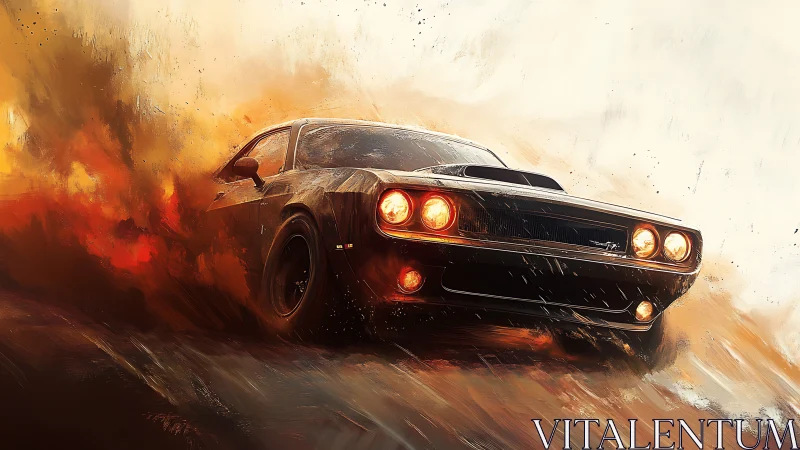 Muscle car comet blazing through a storm of painted fire.