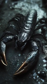 Midnight scorpion prowl on rain-slick stone battlefield.