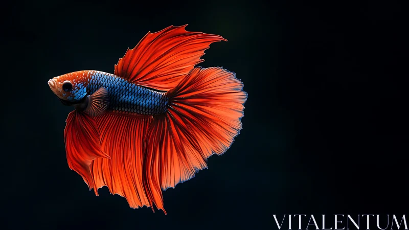 Red and blue betta fish on dark aquatic background.