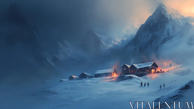 Mountain refuge cabins glow against stormy alpine dusk