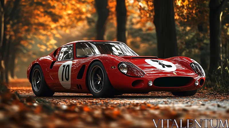 Glowing red race car pauses gracefully on a calm autumn road
