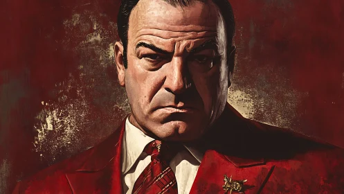 Stern middle‑aged man in red suit against textured backdrop