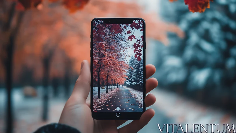 Smartphone frames autumn avenue over blurred winter park.