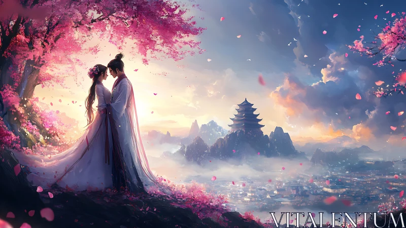Couple in Cherry Blossoms with Asian Pagoda Landscape.