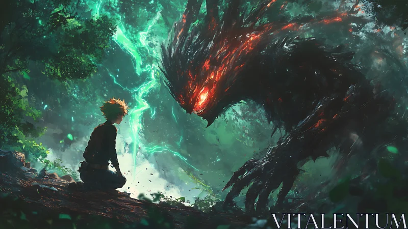 Digital painting of forest-bound youth confronting lava wraith.