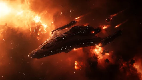 Sleek Starships Pierce Inferno Nebula Clouds.
