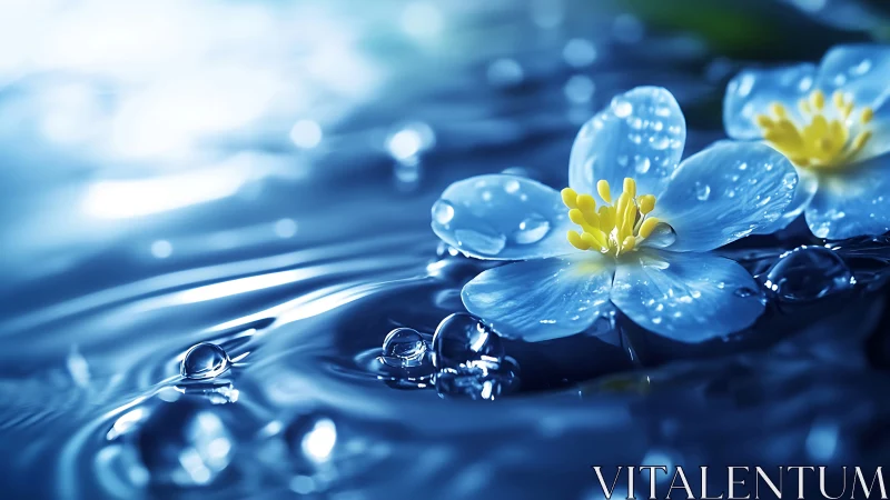 Blue water flowers with dewdrops floating on crystalline surface.