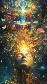 Mind blossoms into a cosmic garden of light and butterflies